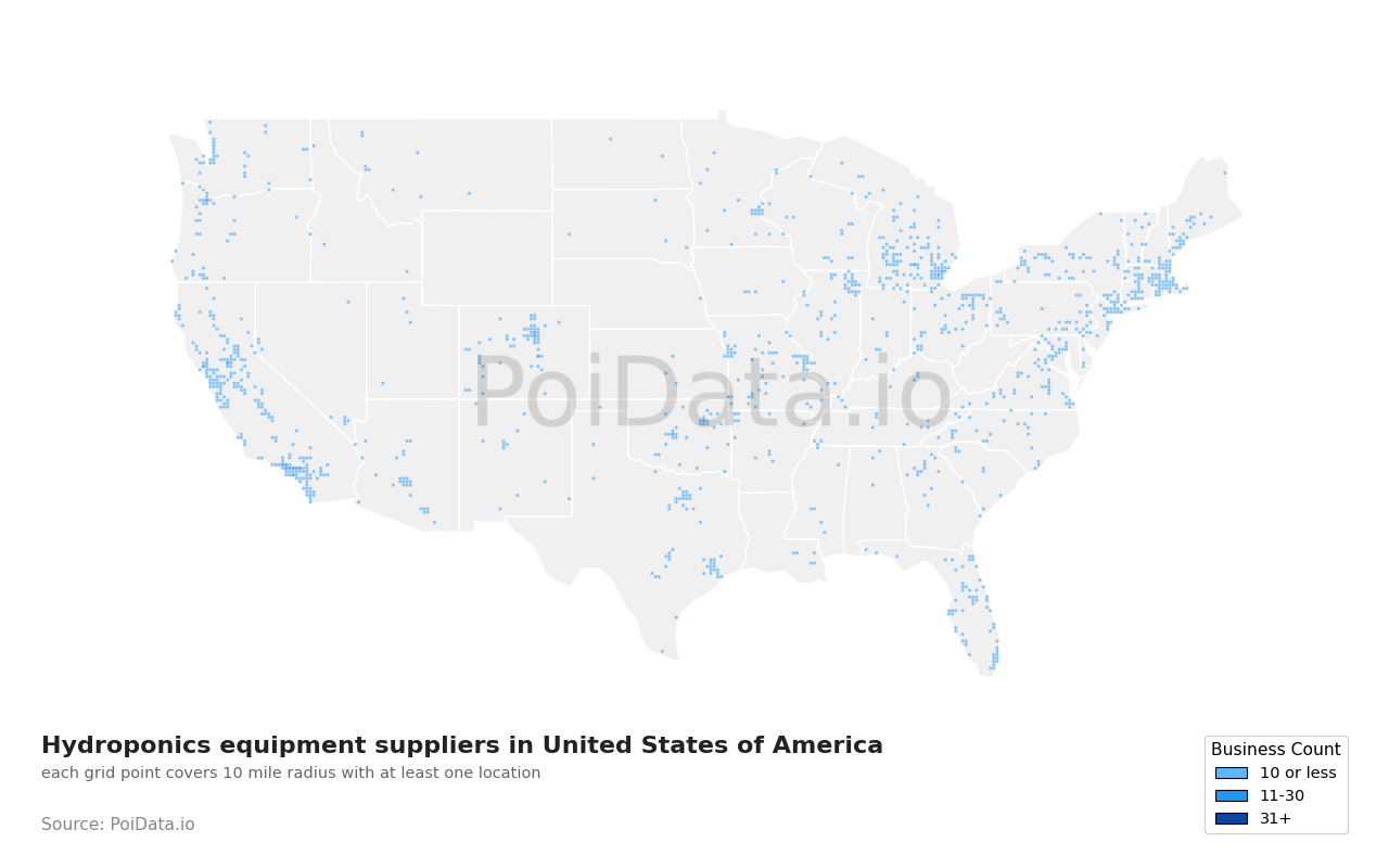 Hydroponics equipment supplier density map for Massachusetts, United States