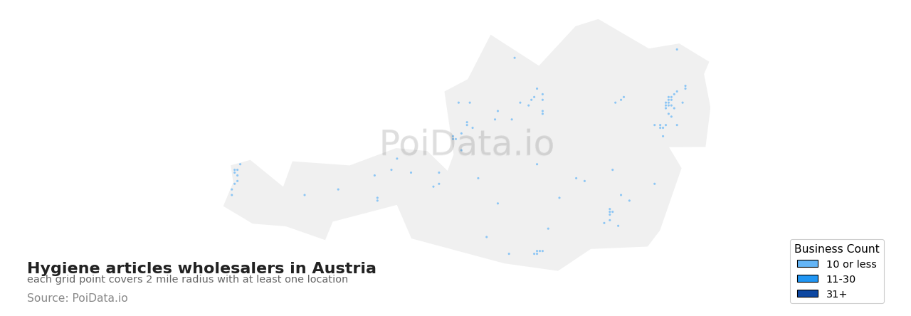 Hygiene articles wholesaler density map for Austria