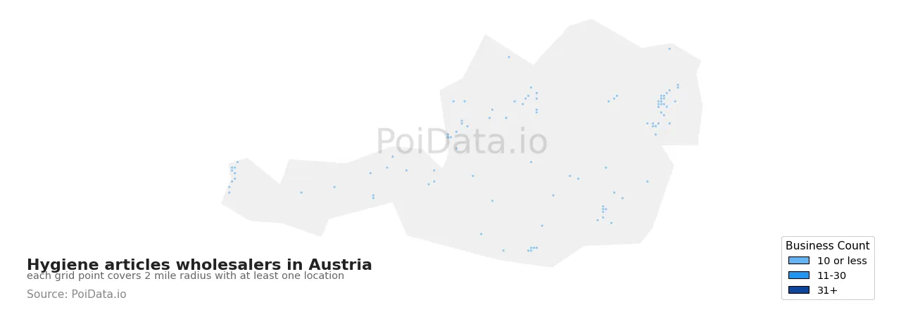 Hygiene articles wholesaler density map for Austria