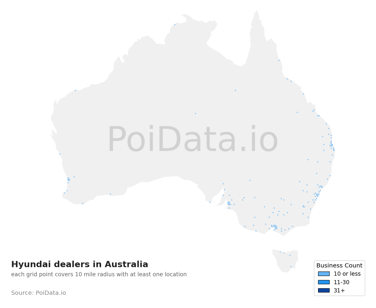 Hyundai dealer density map for Australia