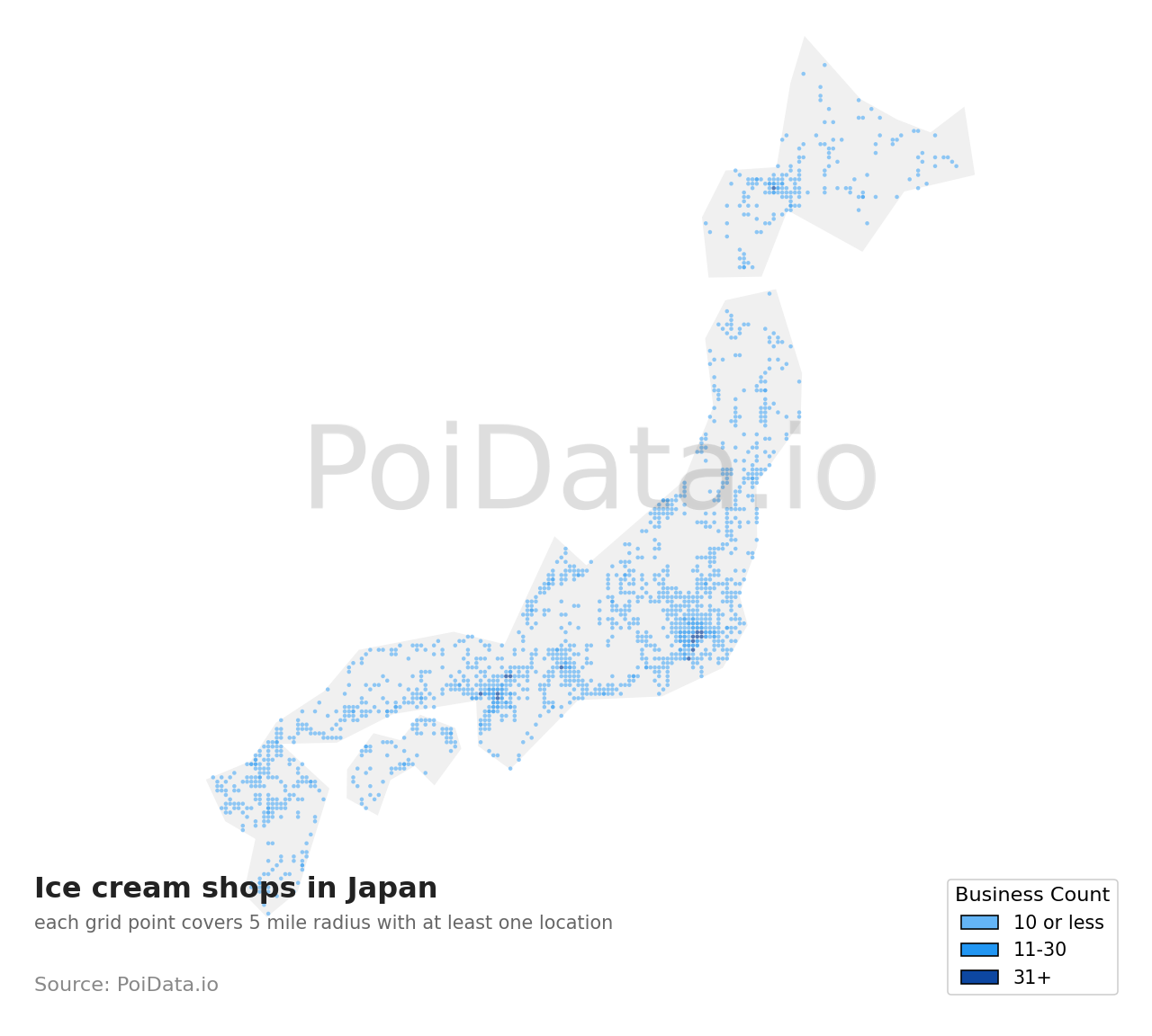 Ice cream shop density map for Japan