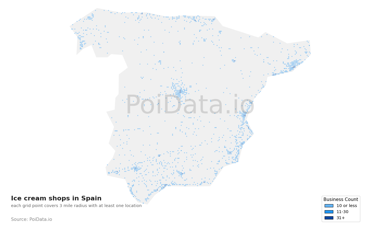 Ice cream shop density map for Spain