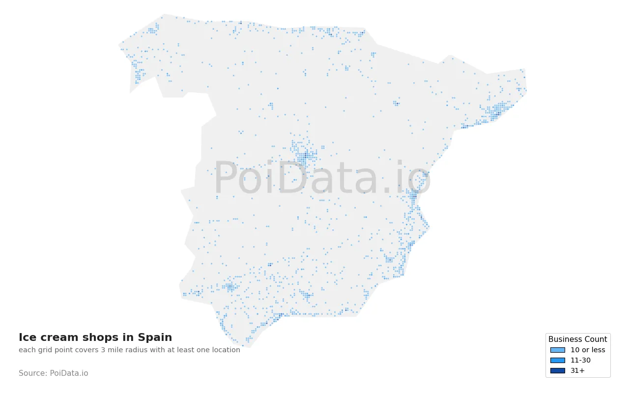 Ice cream shop density map for Spain