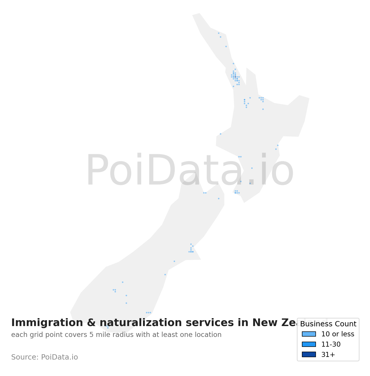 Immigration & naturalization service density map for New Zealand