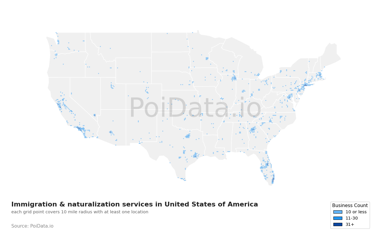 Immigration & naturalization service density map for Massachusetts, United States