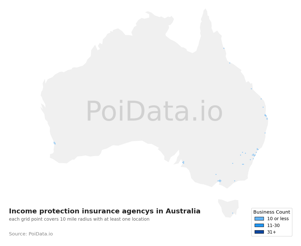 Income protection insurance agency density map for Australia