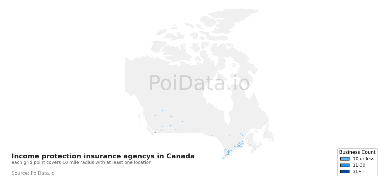 Income protection insurance agency density map for Canada