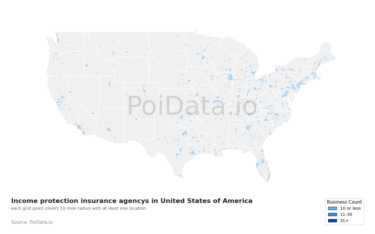 Income protection insurance agency density map for Missouri, United States