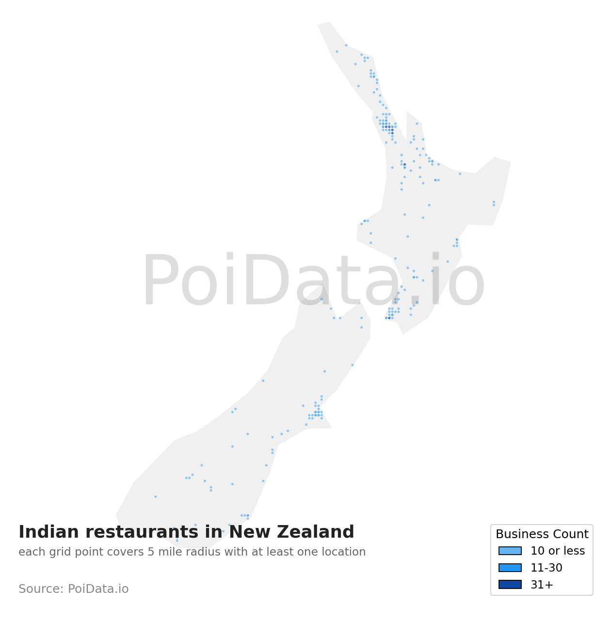 Indian restaurant density map for New Zealand