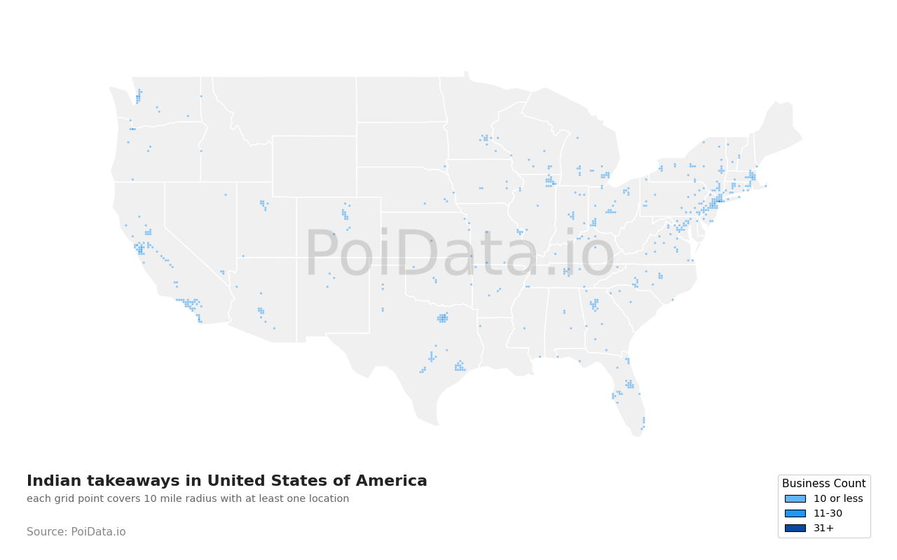 Indian takeaway density map for Texas, United States
