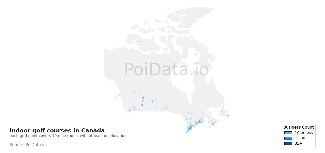 Indoor golf course density map for Canada