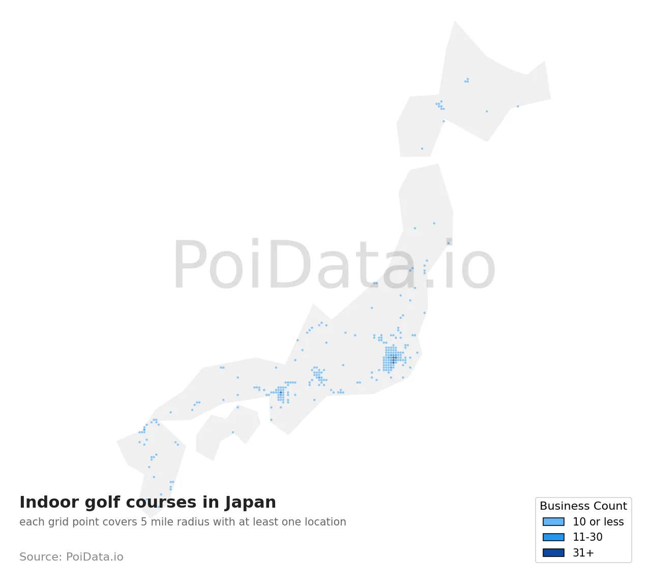 Indoor golf course density map for Japan