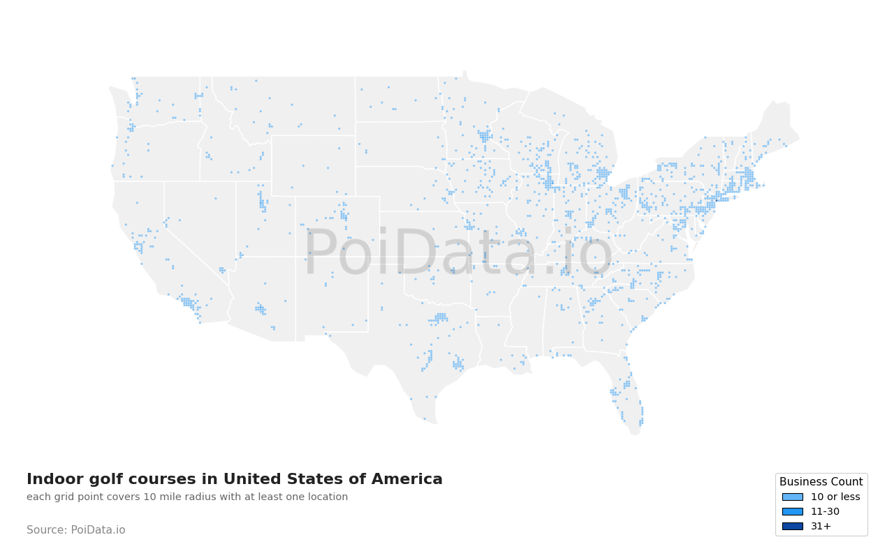 Indoor golf course density map for United States