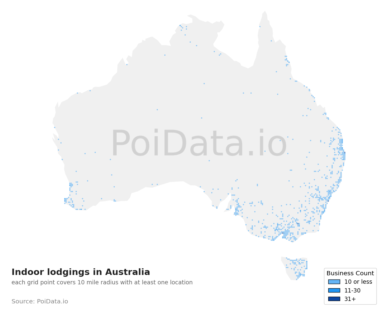 Indoor lodging density map for Tasmania, Australia