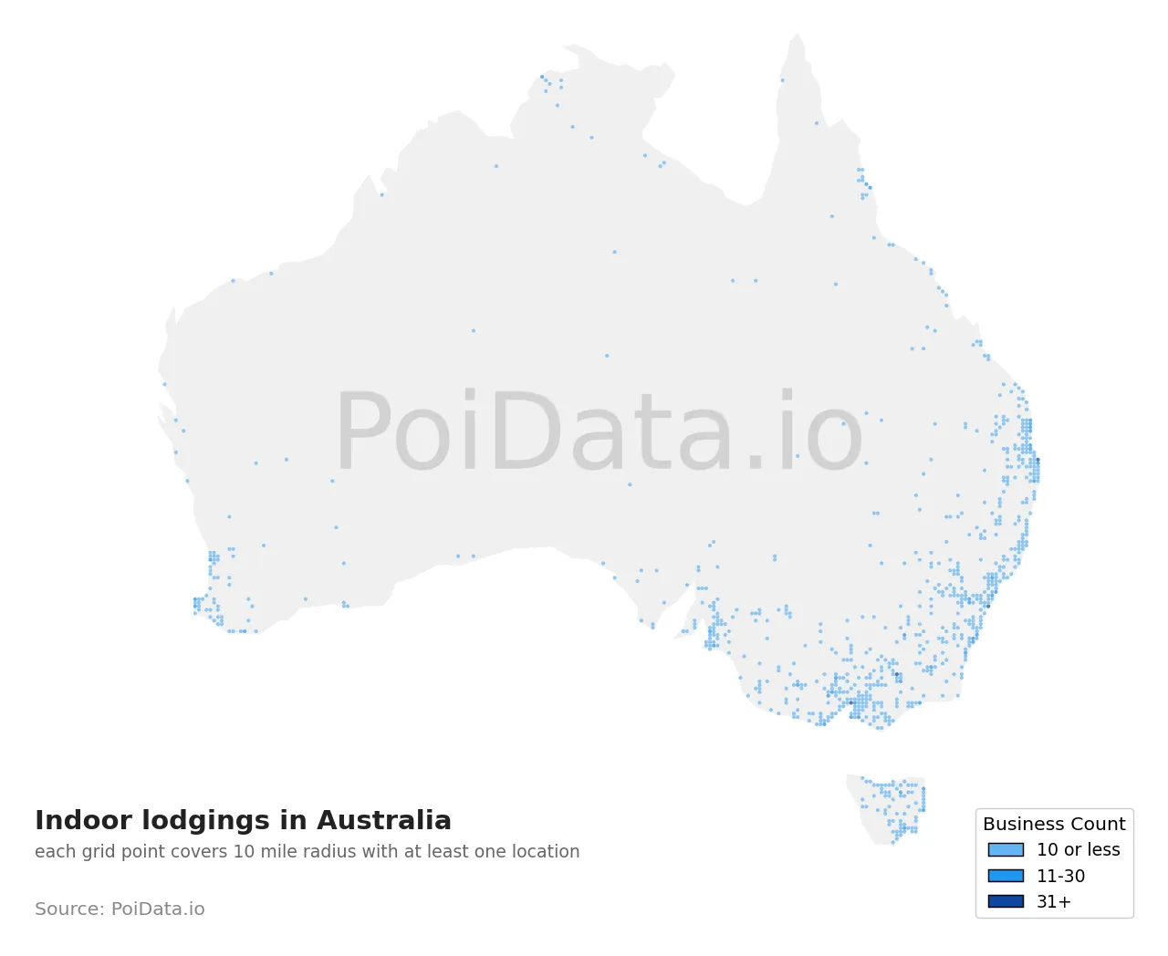 Indoor lodging density map for Australia