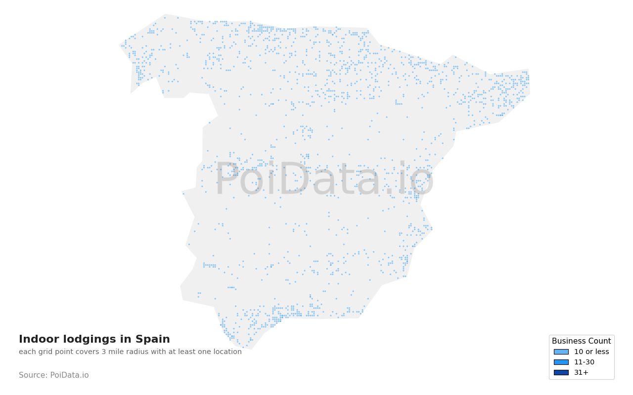Indoor lodging density map for Spain