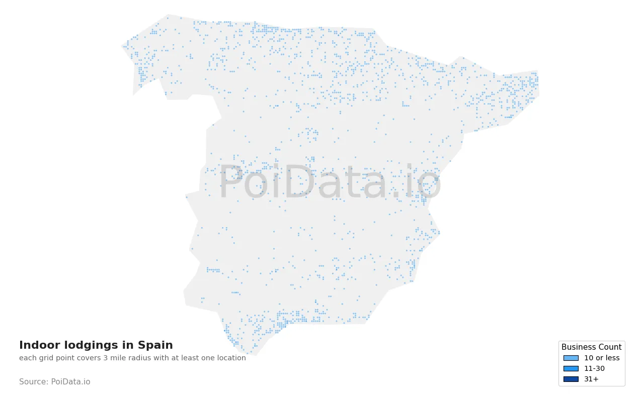 Indoor lodging density map for Spain