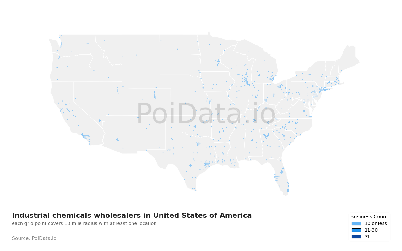Industrial chemicals wholesaler density map for New York, United States