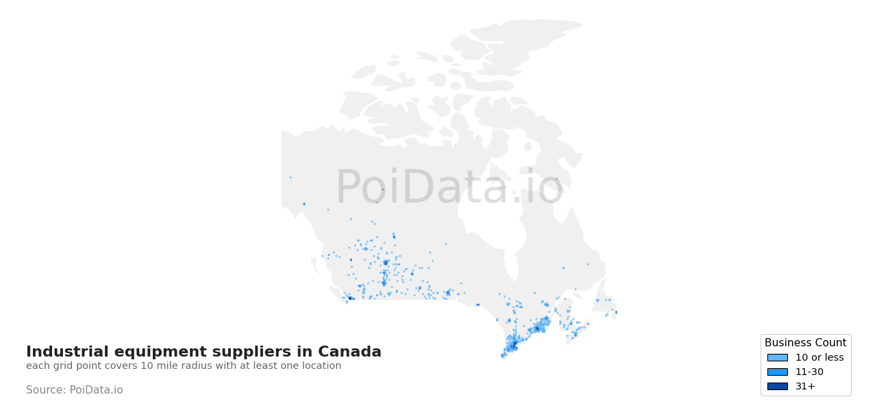 Industrial equipment supplier density map for Canada