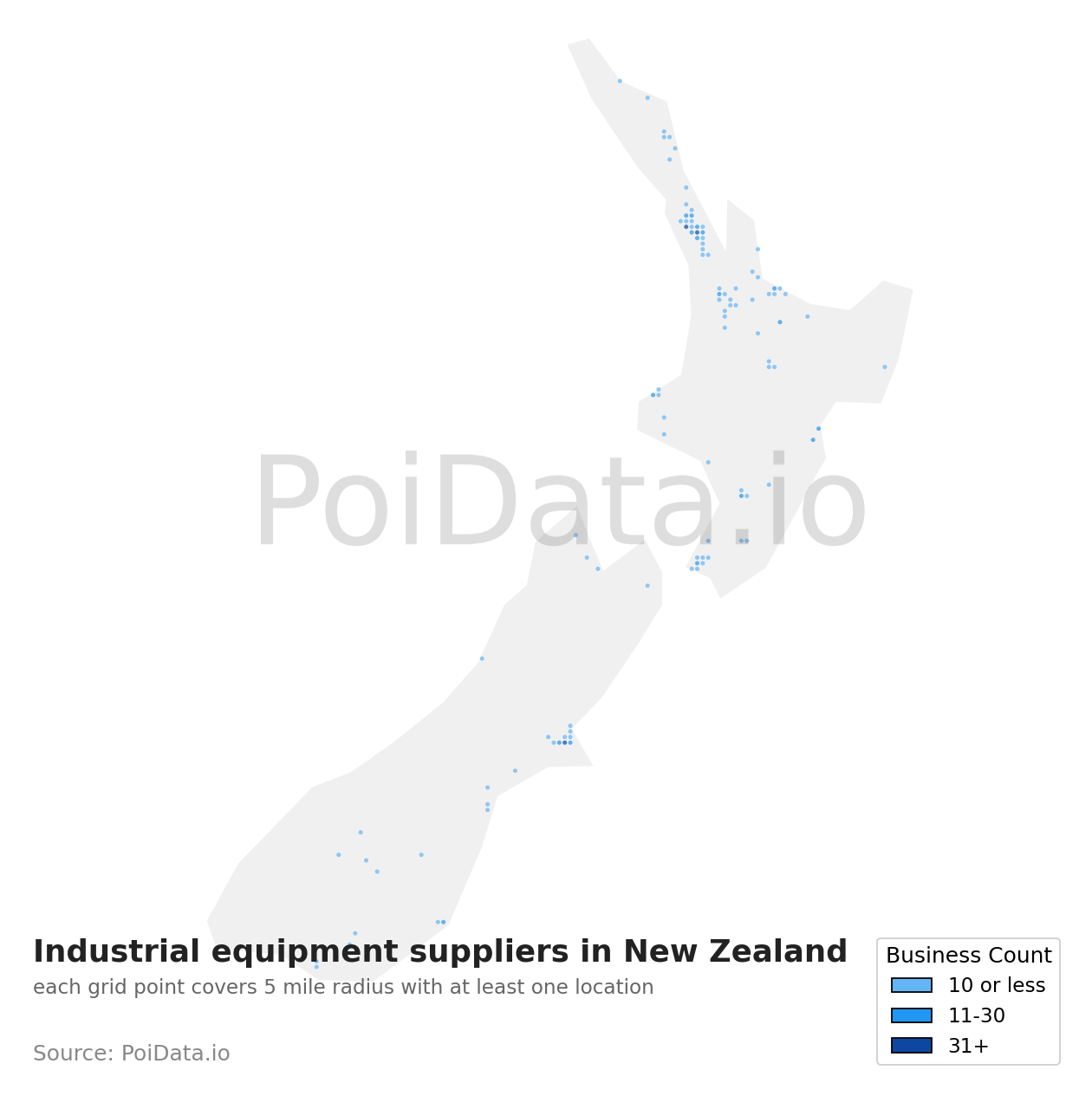 Industrial equipment supplier density map for New Zealand