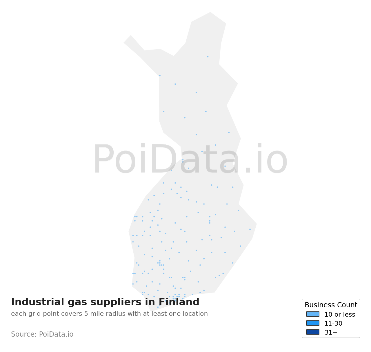 Industrial gas supplier density map for Finland