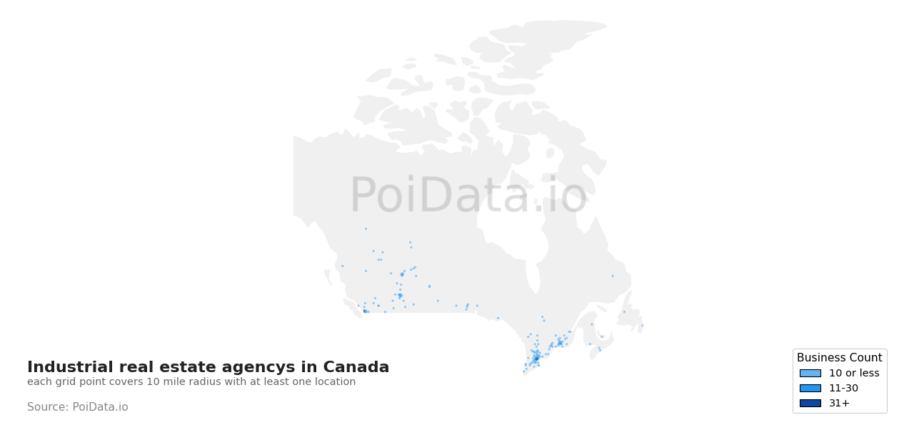 Industrial real estate agency density map for Canada