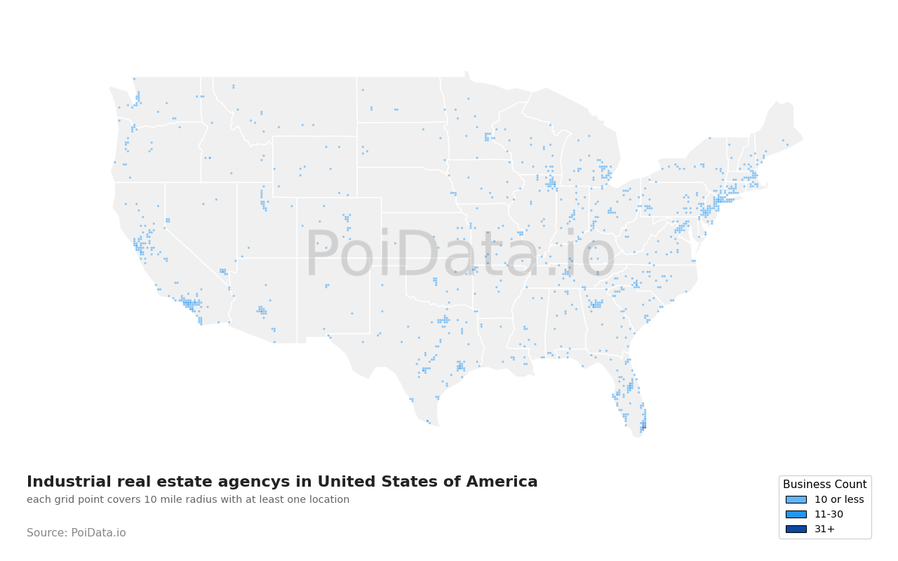 Industrial real estate agency density map for United States