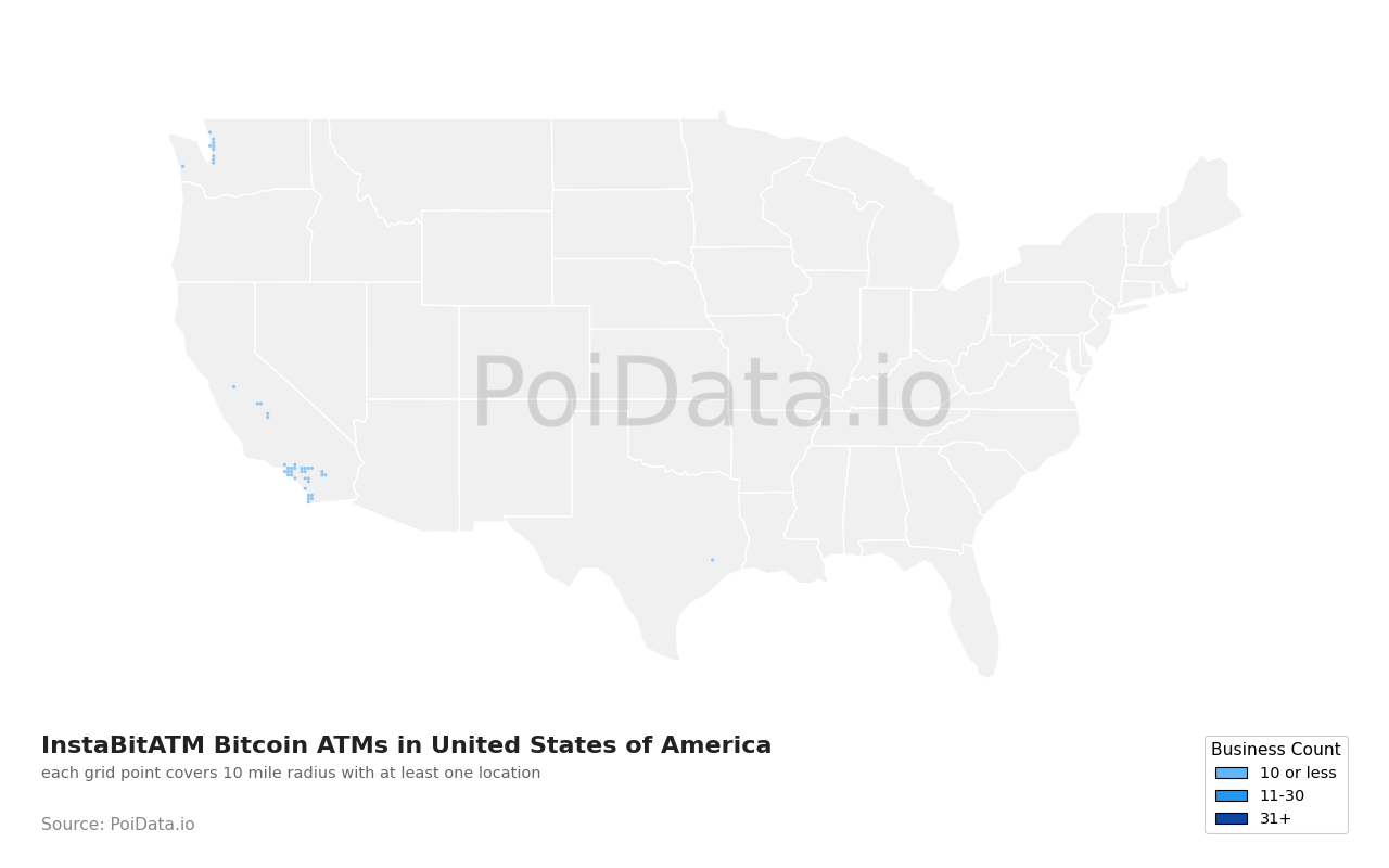 InstaBitATM Bitcoin ATM density map for United States