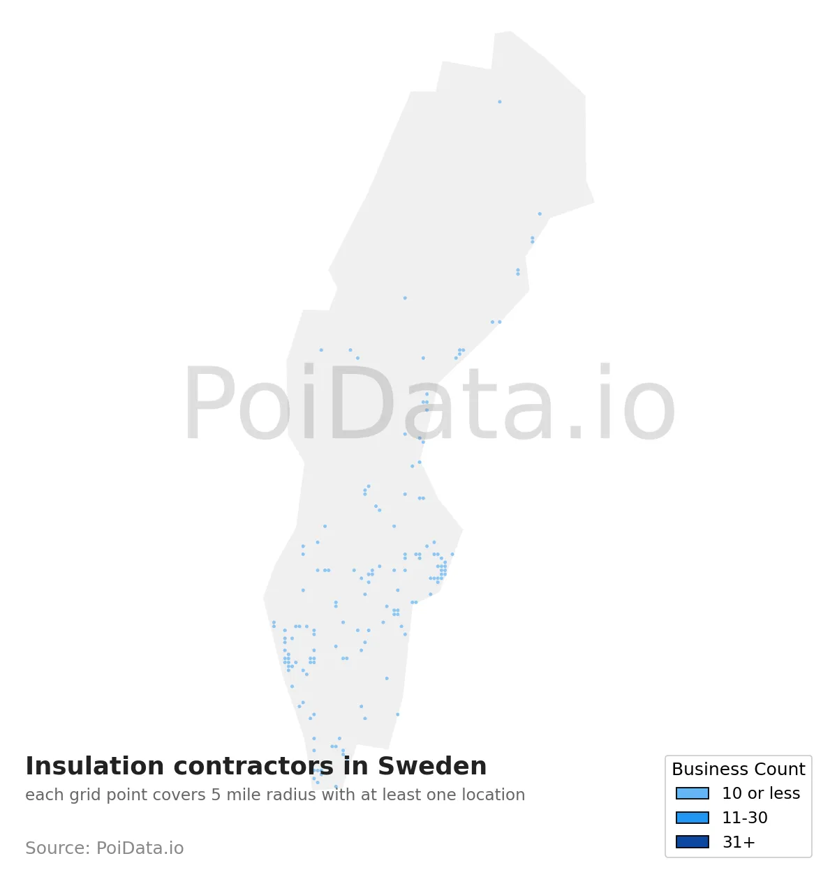 Insulation contractor density map for Sweden
