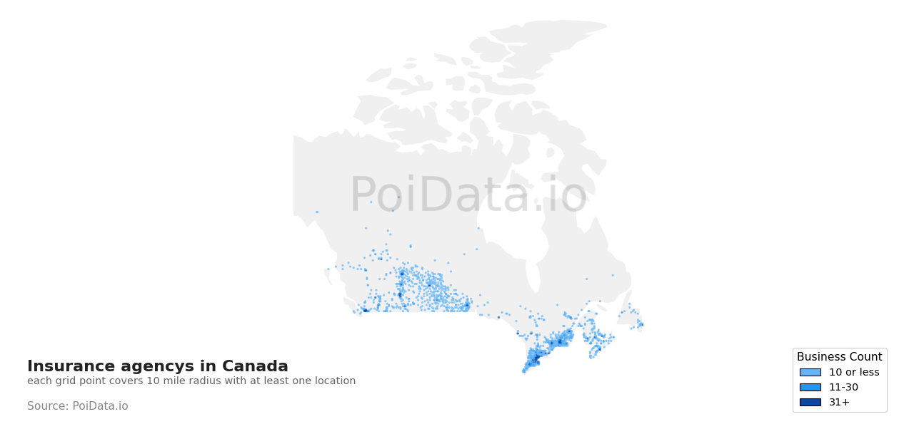 Insurance agency density map for Canada
