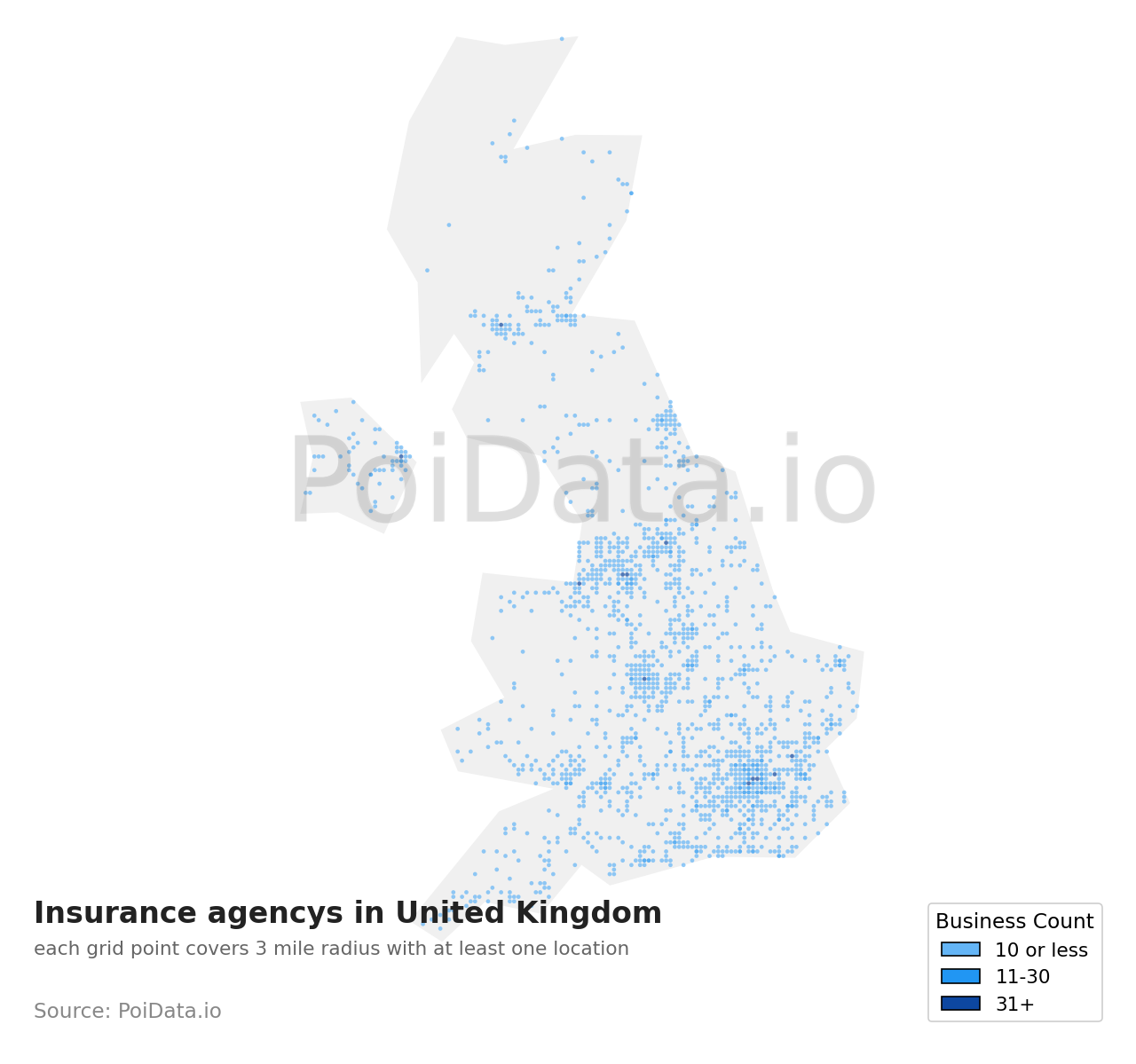Insurance agency density map for United Kingdom