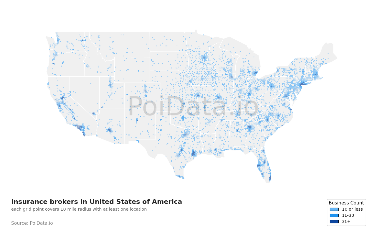 Insurance broker density map for United States