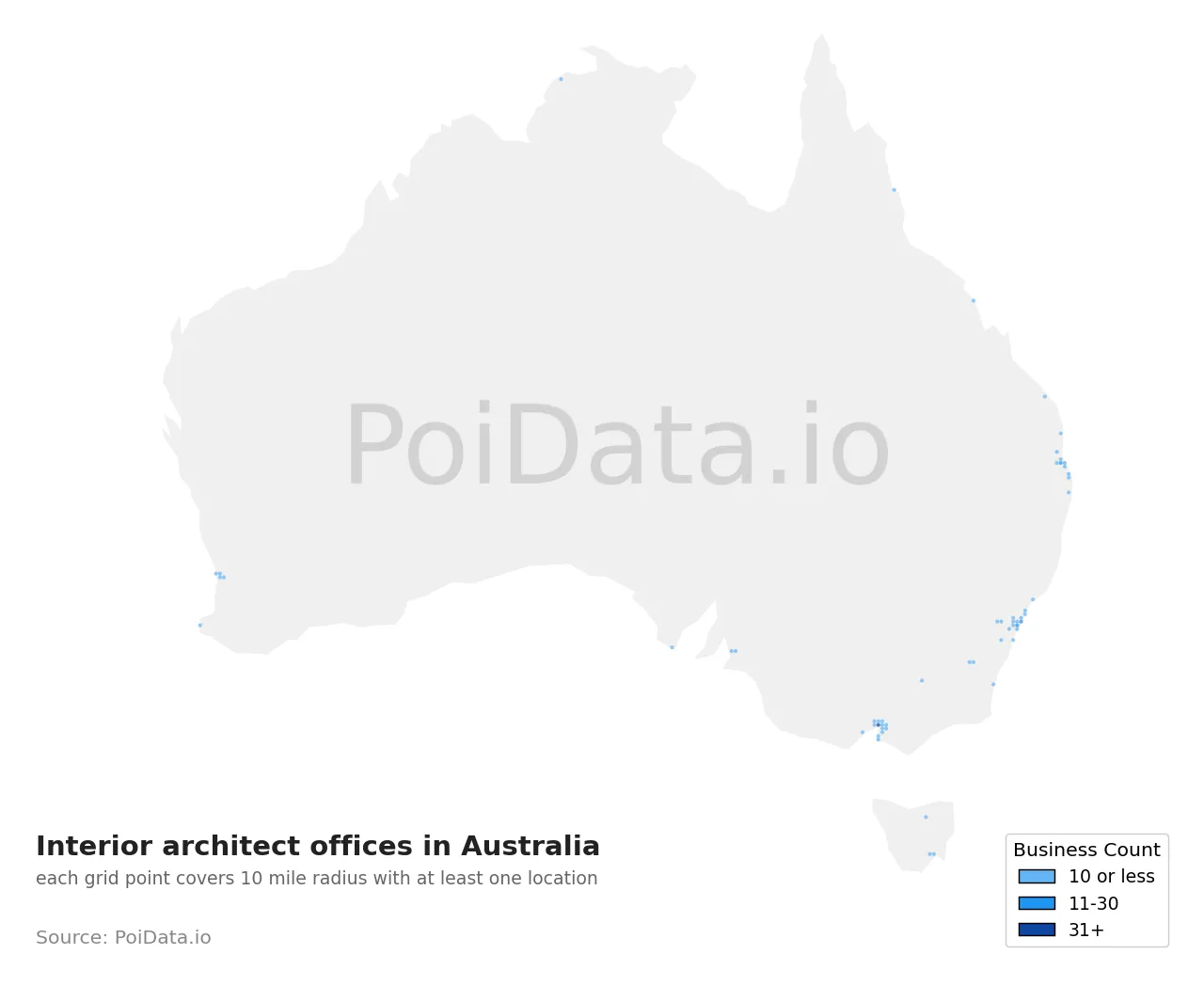 Interior architect office density map for Australia