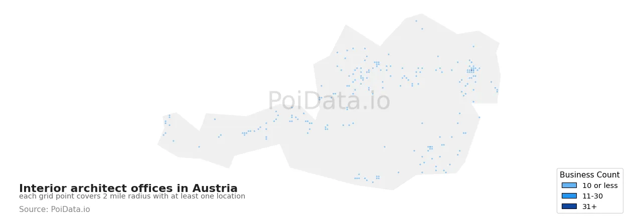 Interior architect office density map for Austria