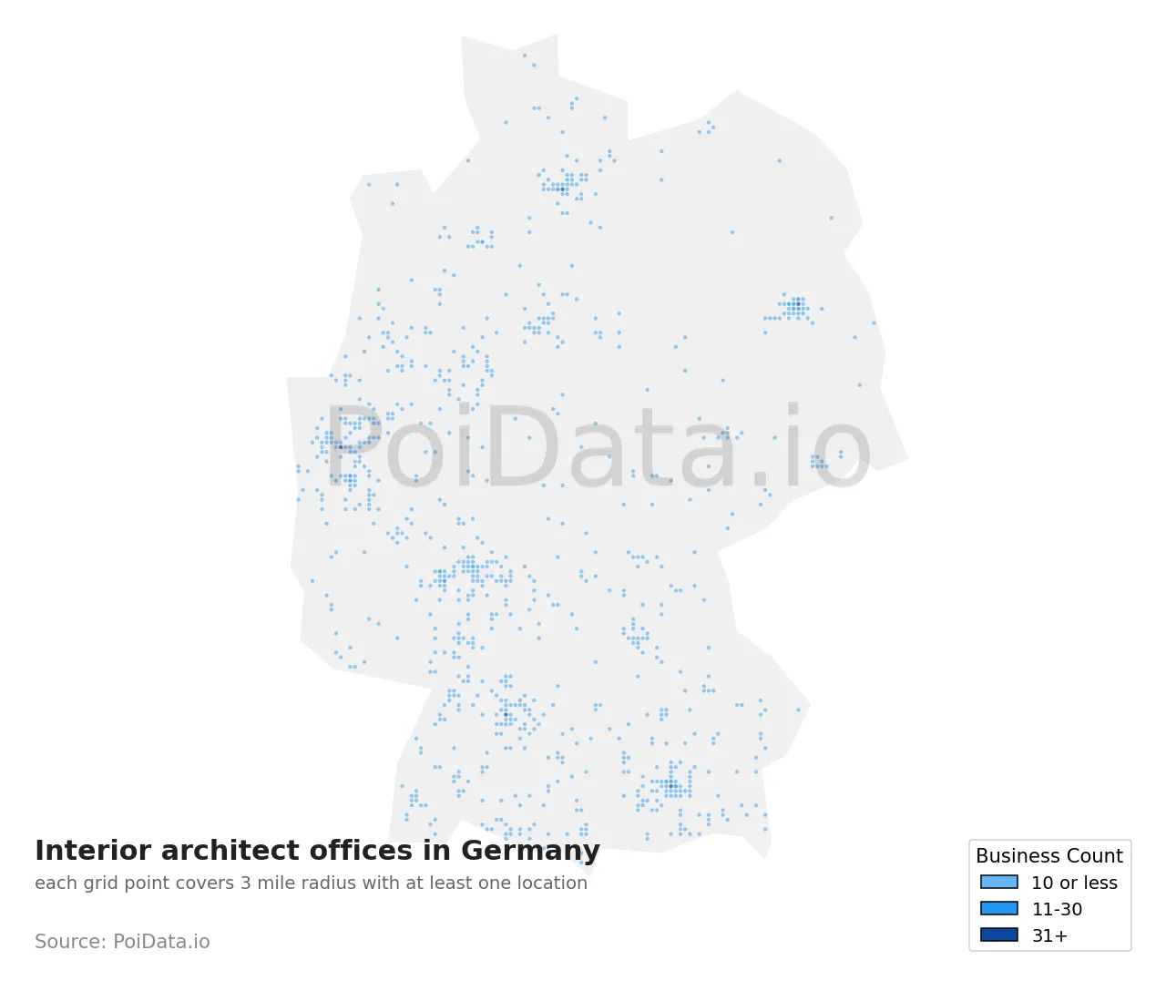 Interior architect office density map for Germany