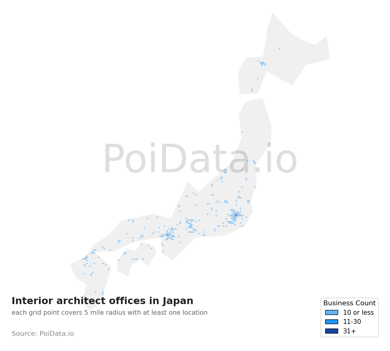 Interior architect office density map for Japan