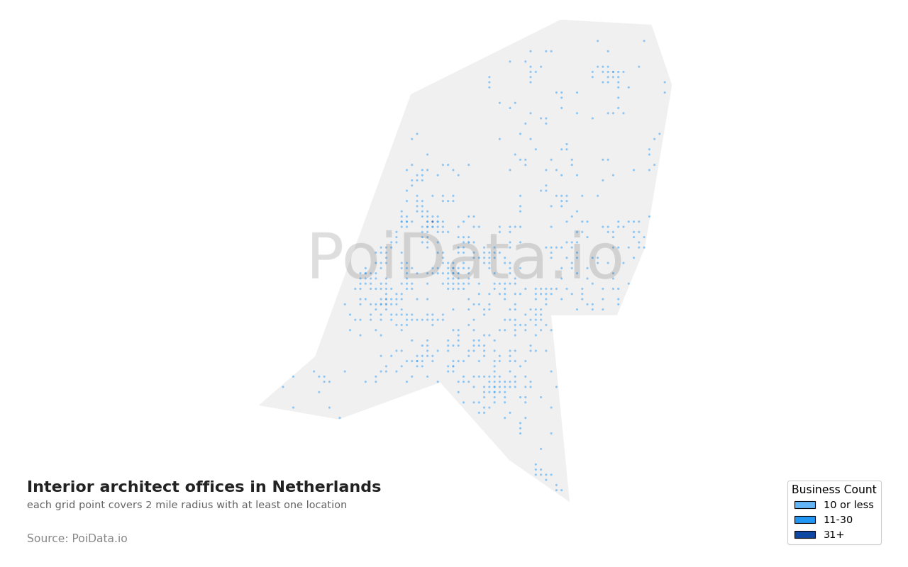 Interior architect office density map for Netherlands