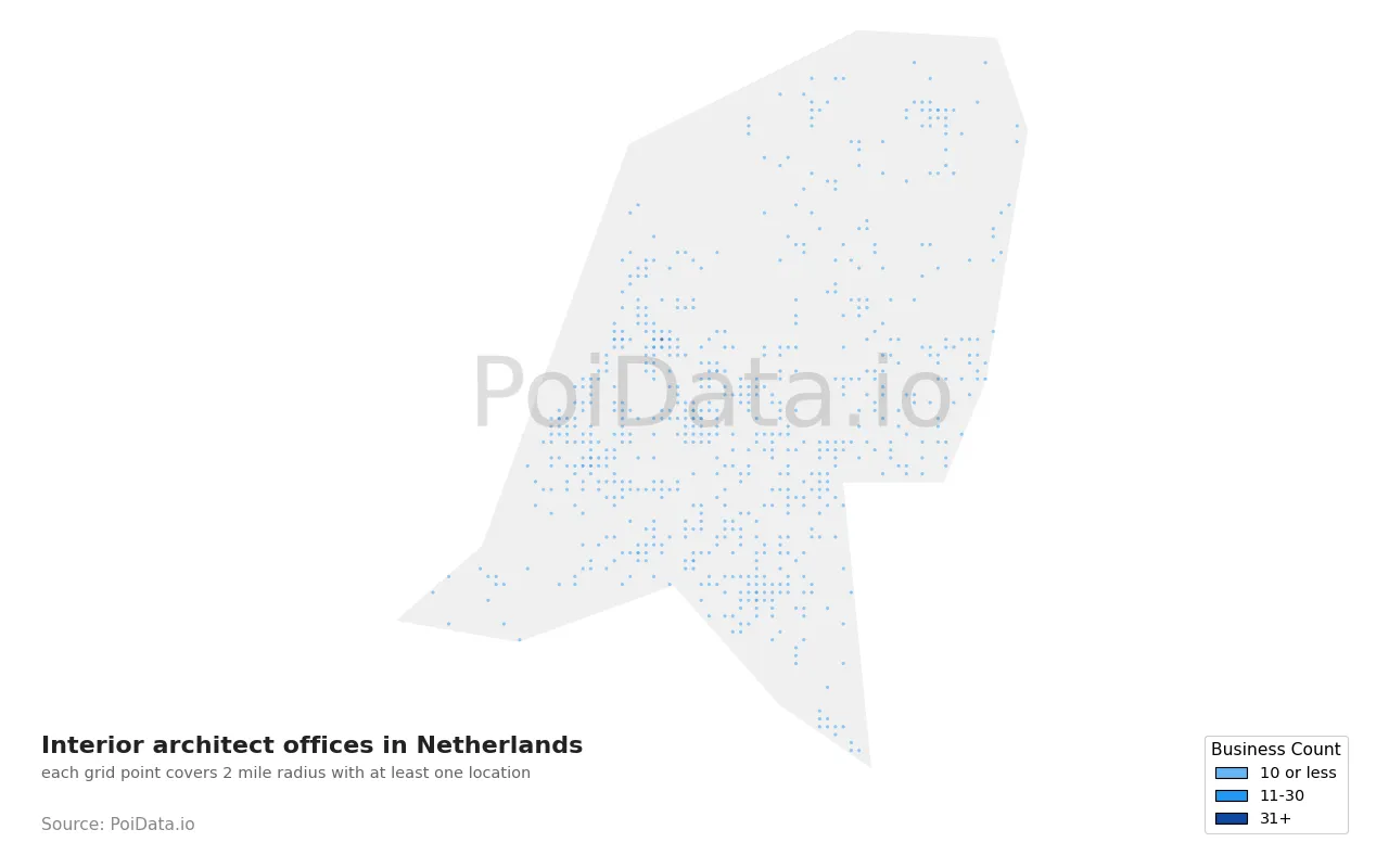 Interior architect office density map for Netherlands
