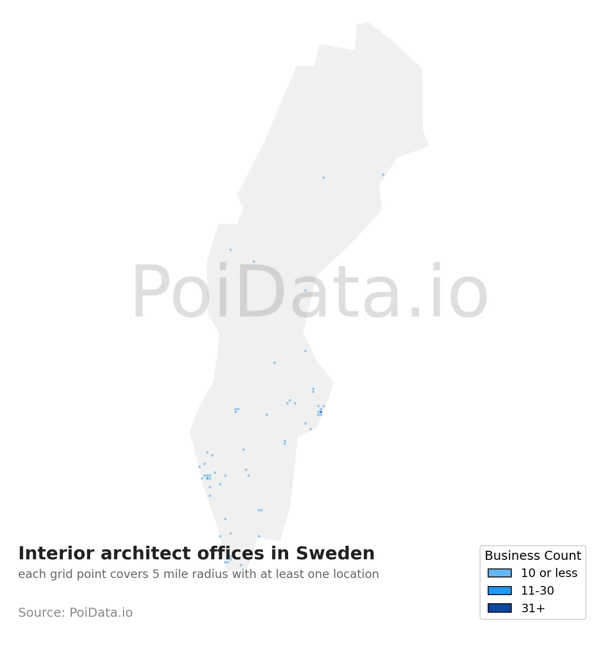 Interior architect office density map for Sweden