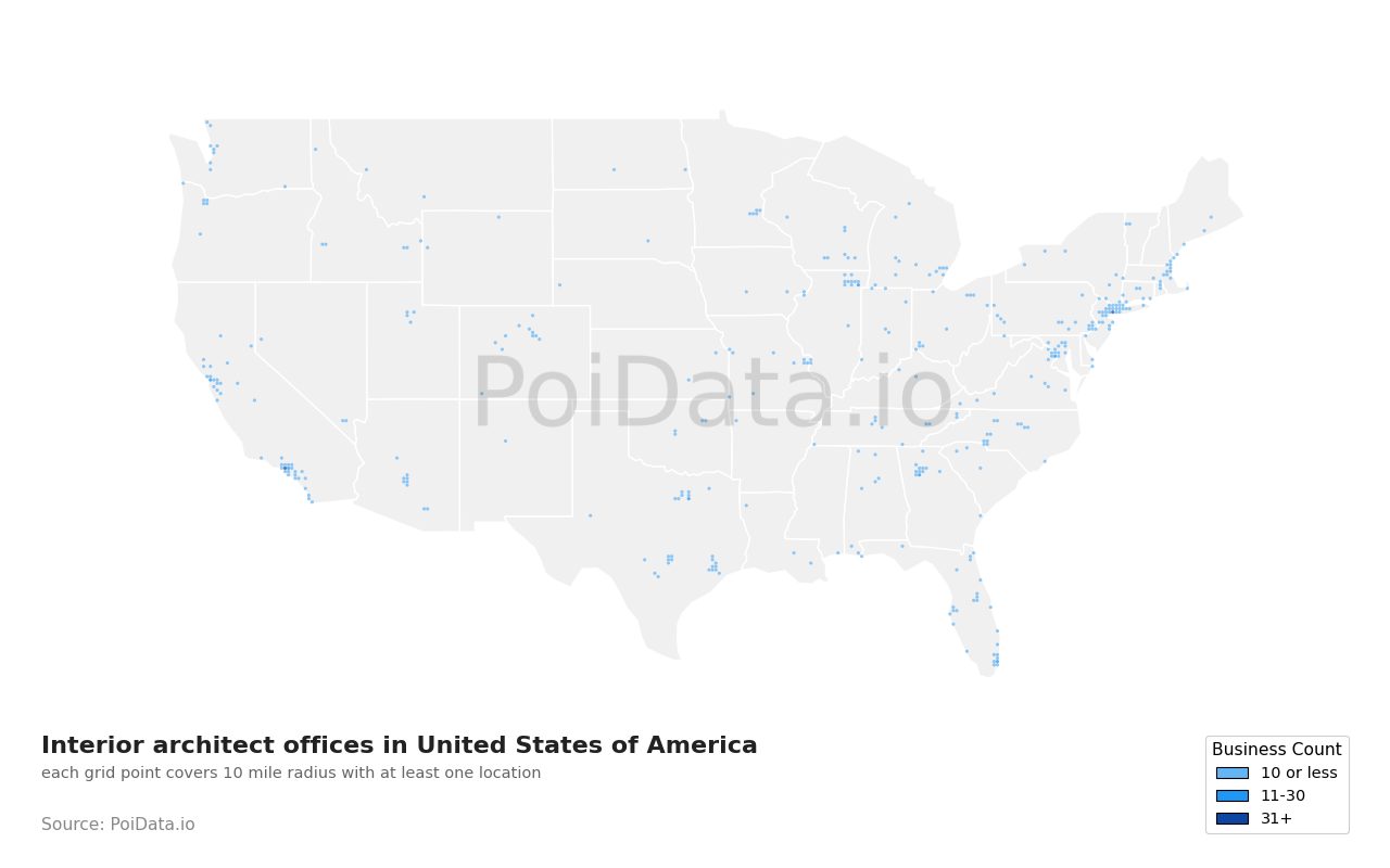 Interior architect office density map for United States