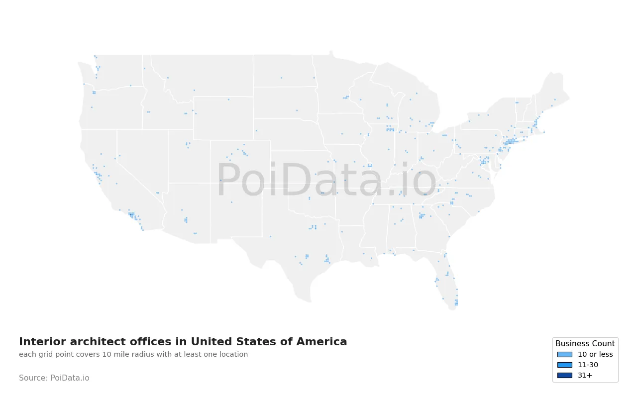 Interior architect office density map for United States