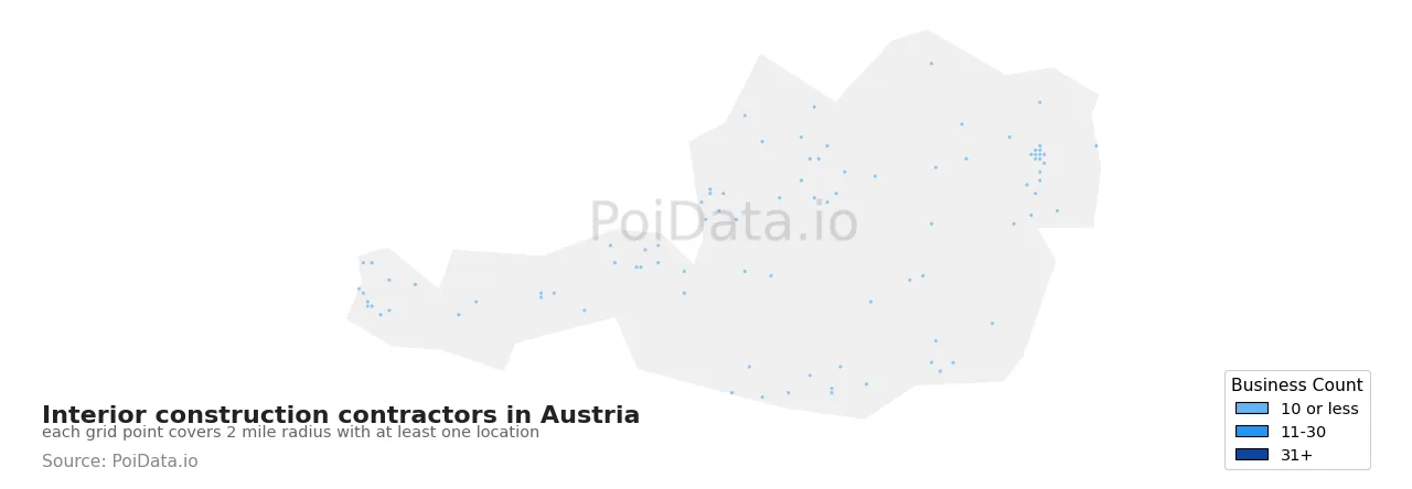 Interior construction contractor density map for Austria