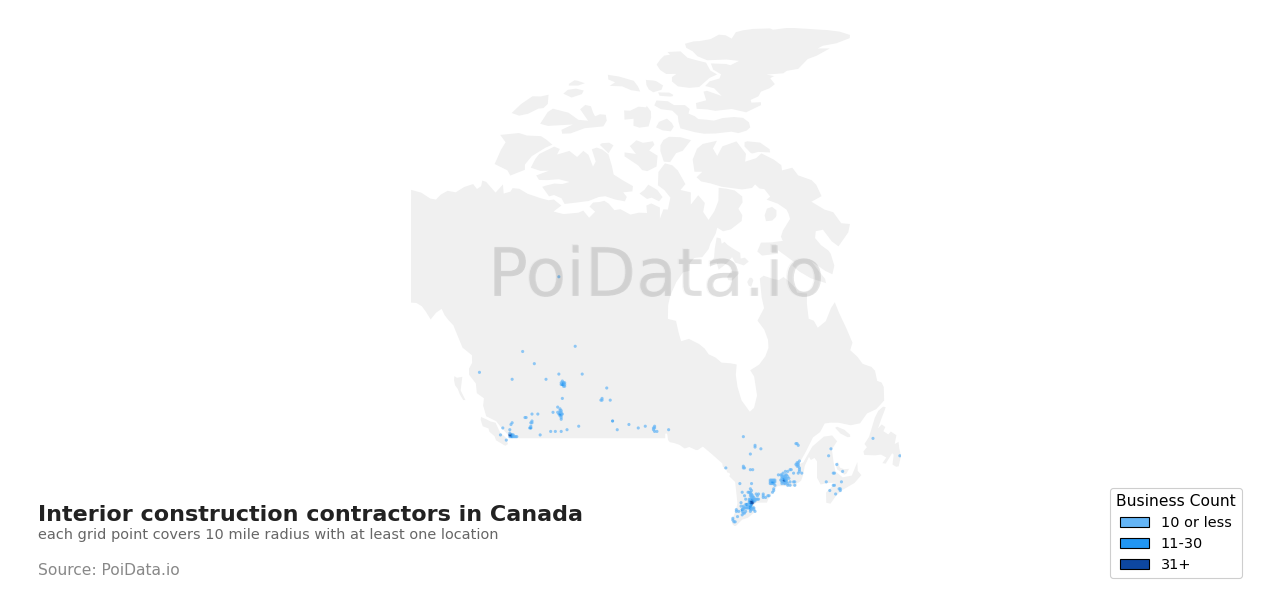 Interior construction contractor density map for Canada
