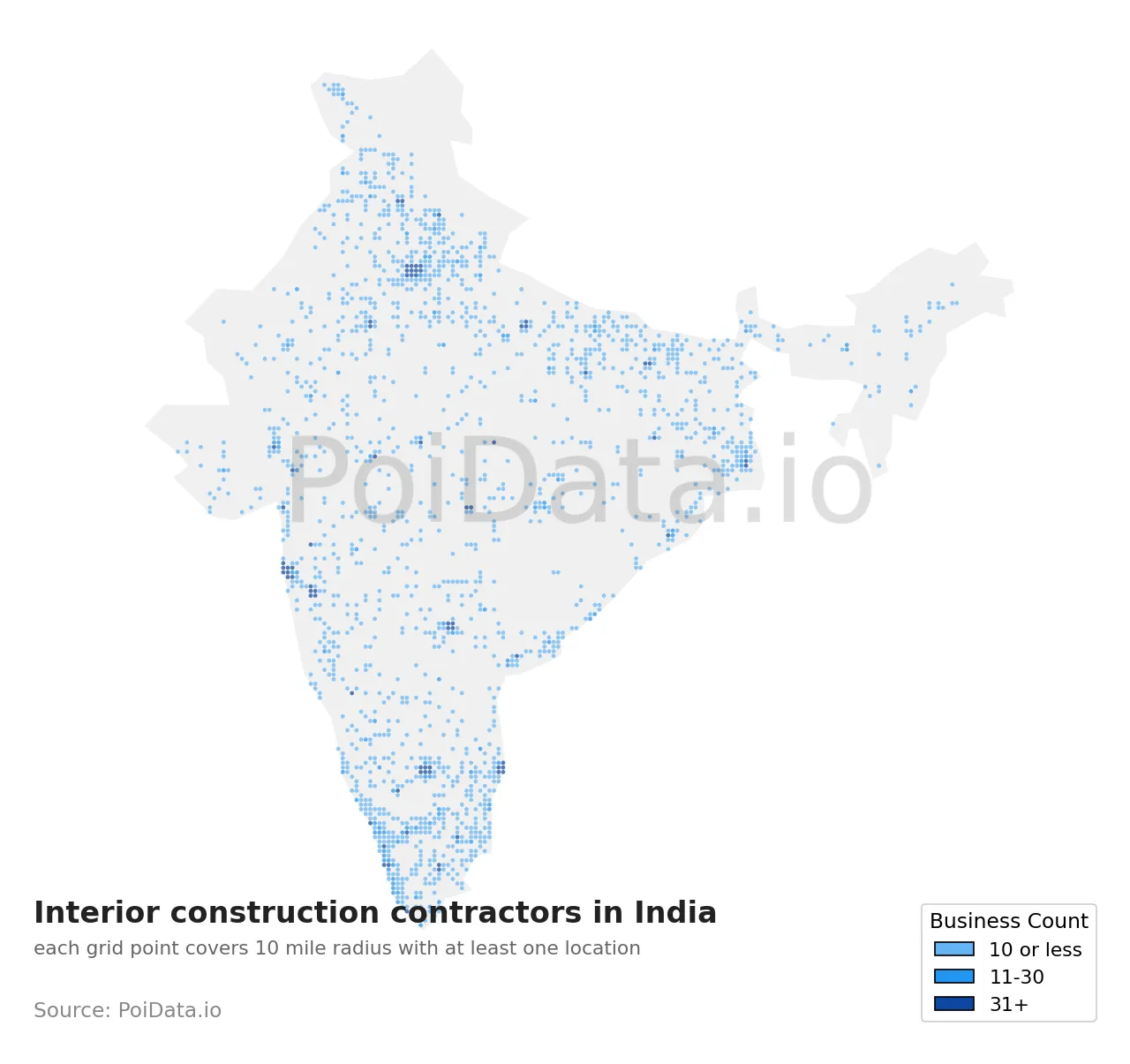 Interior construction contractor density map for India