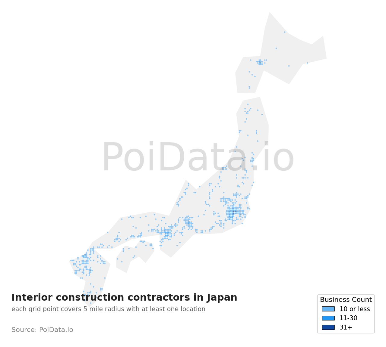 Interior construction contractor density map for Japan