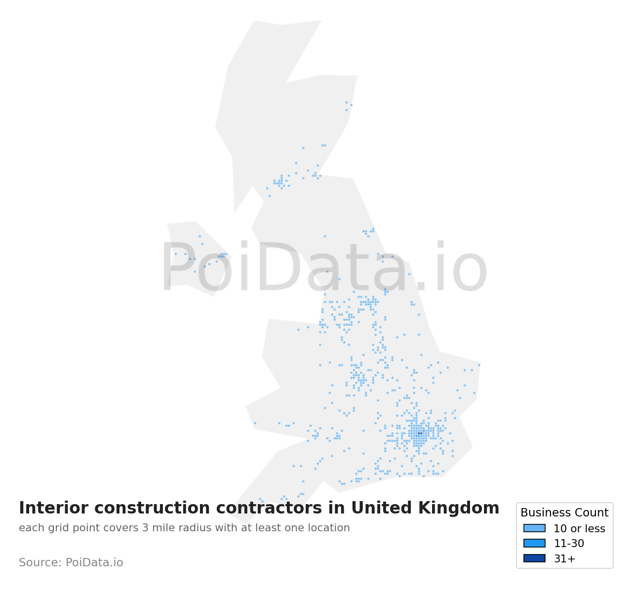 Interior construction contractor density map for United Kingdom