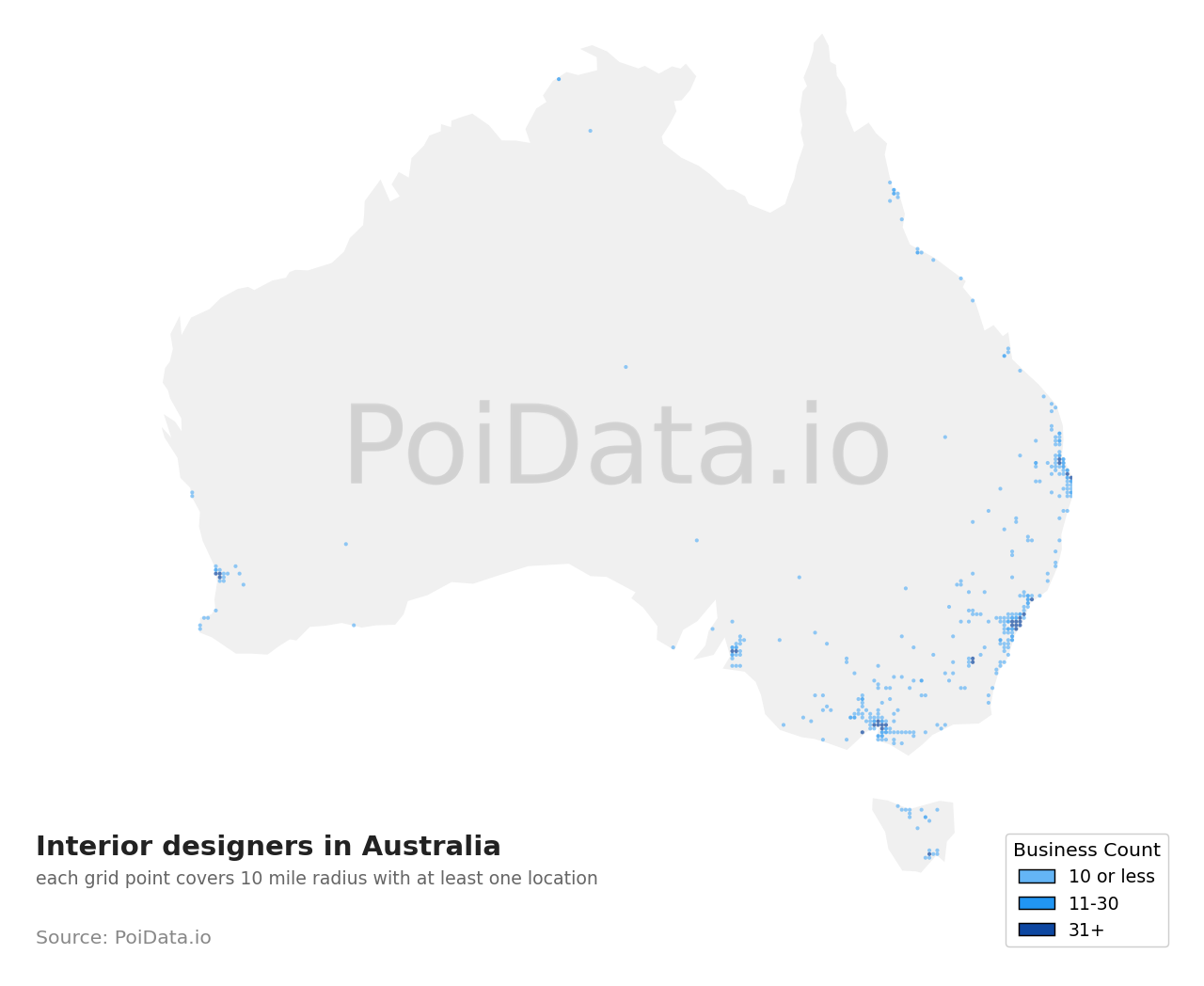 Interior designer density map for Western Australia, Australia
