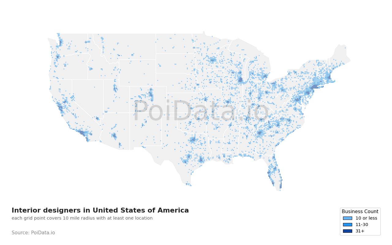 Interior designer density map for United States