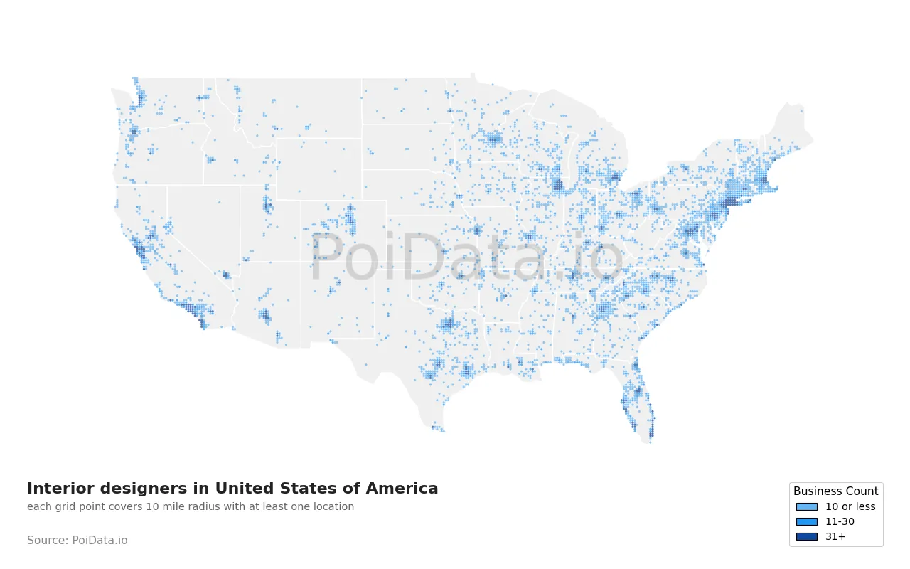 Interior designer density map for United States