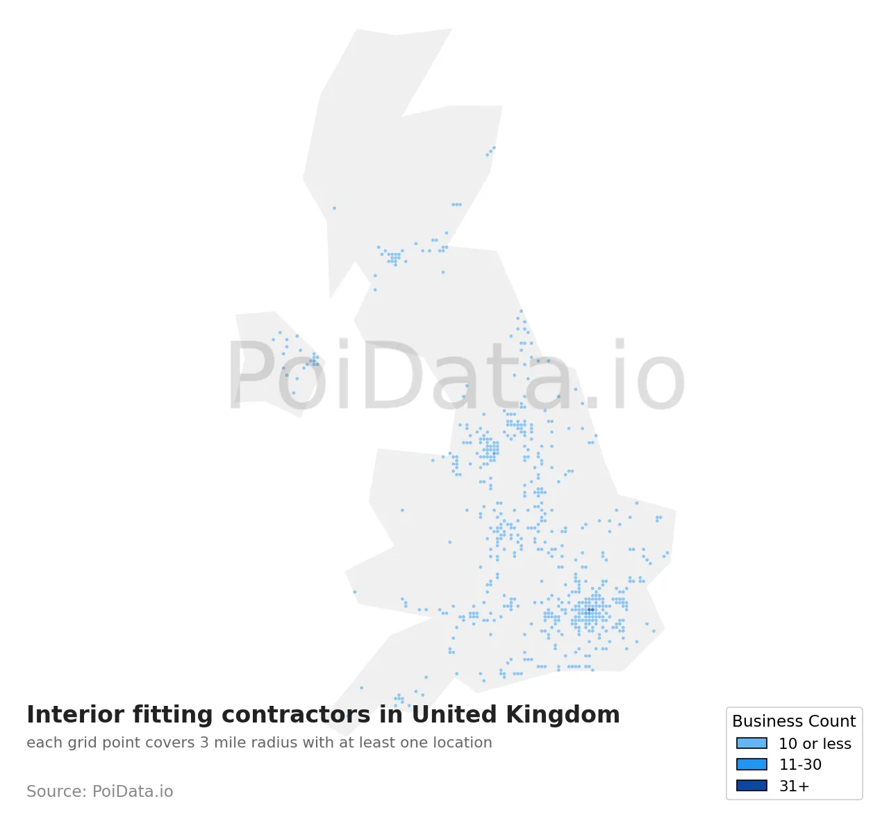 Interior fitting contractor density map for United Kingdom